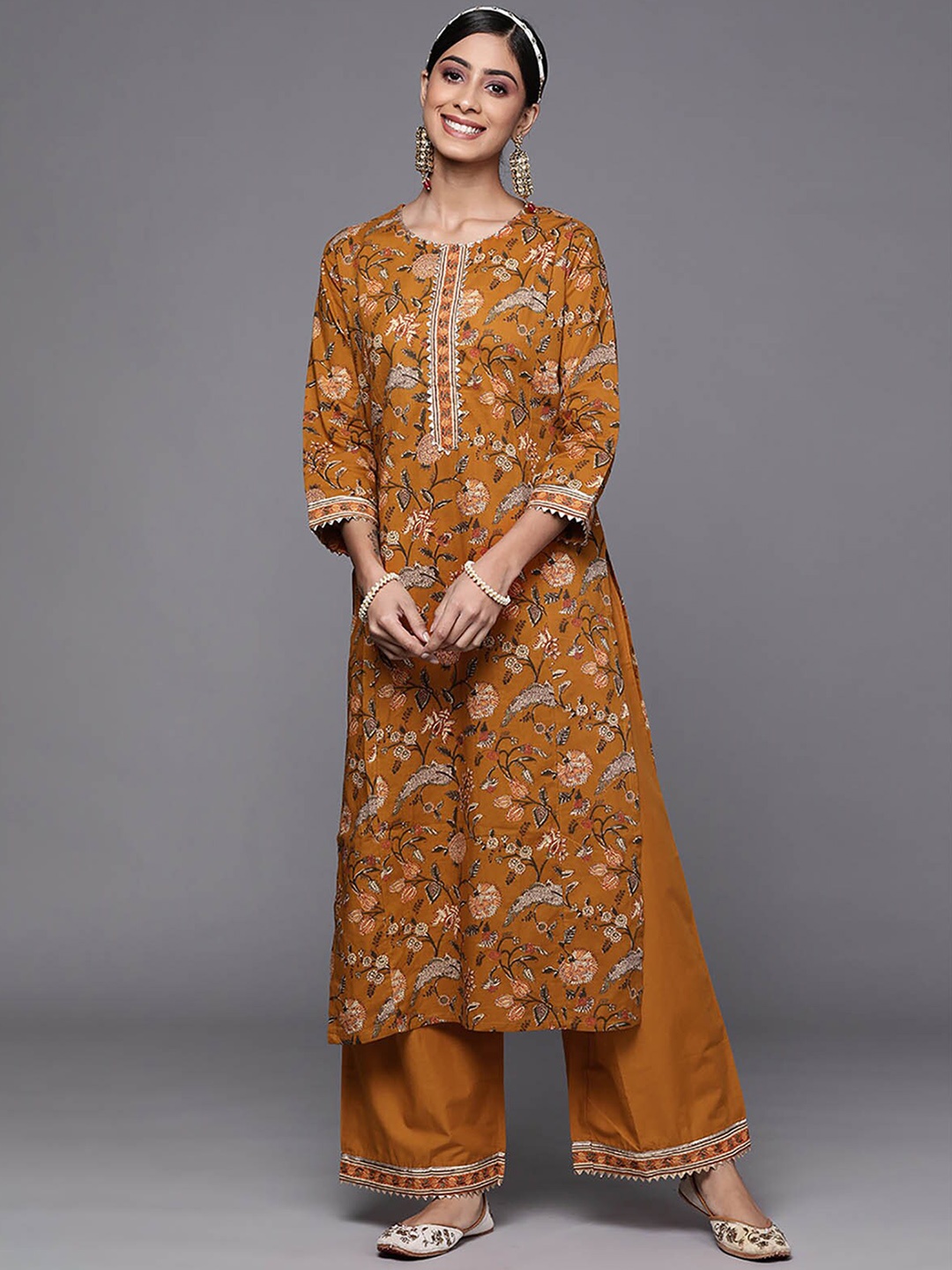 

ODETTE Women Mustard Yellow Floral Printed Gotta Patti Pure Cotton Kurta With Palazzos