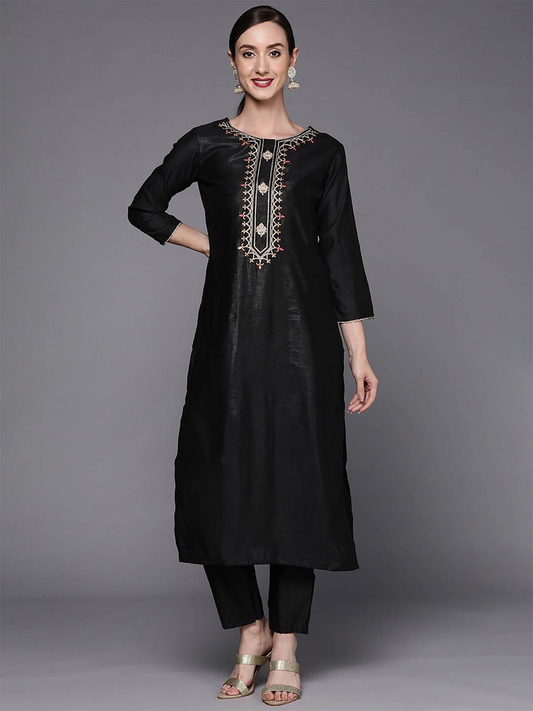 

ODETTE Women Black Ethnic Motifs Yoke Design Pure Silk Kurta With Trousers