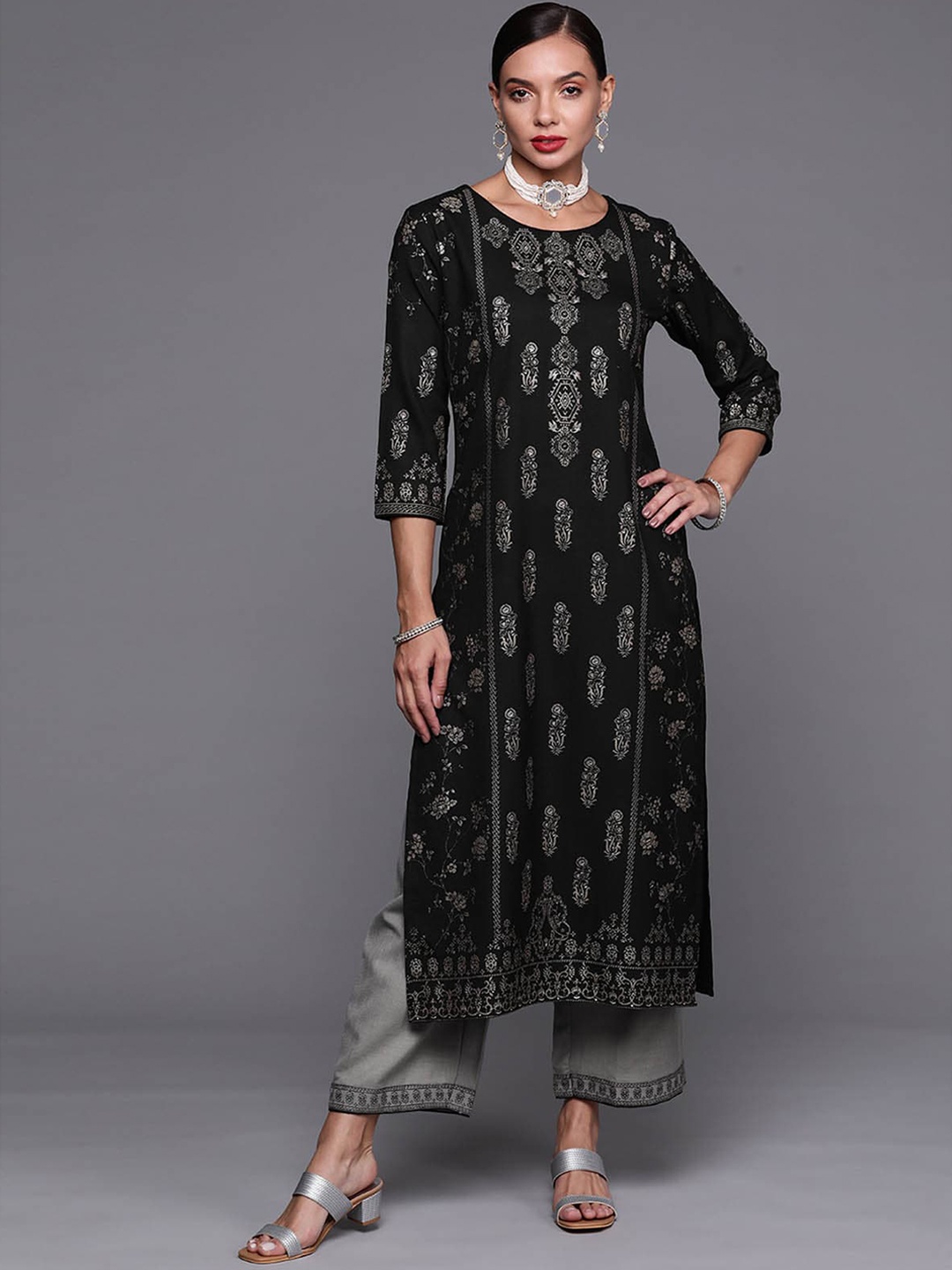 

ODETTE Women Black Pure Cotton Kurta With Palazzos