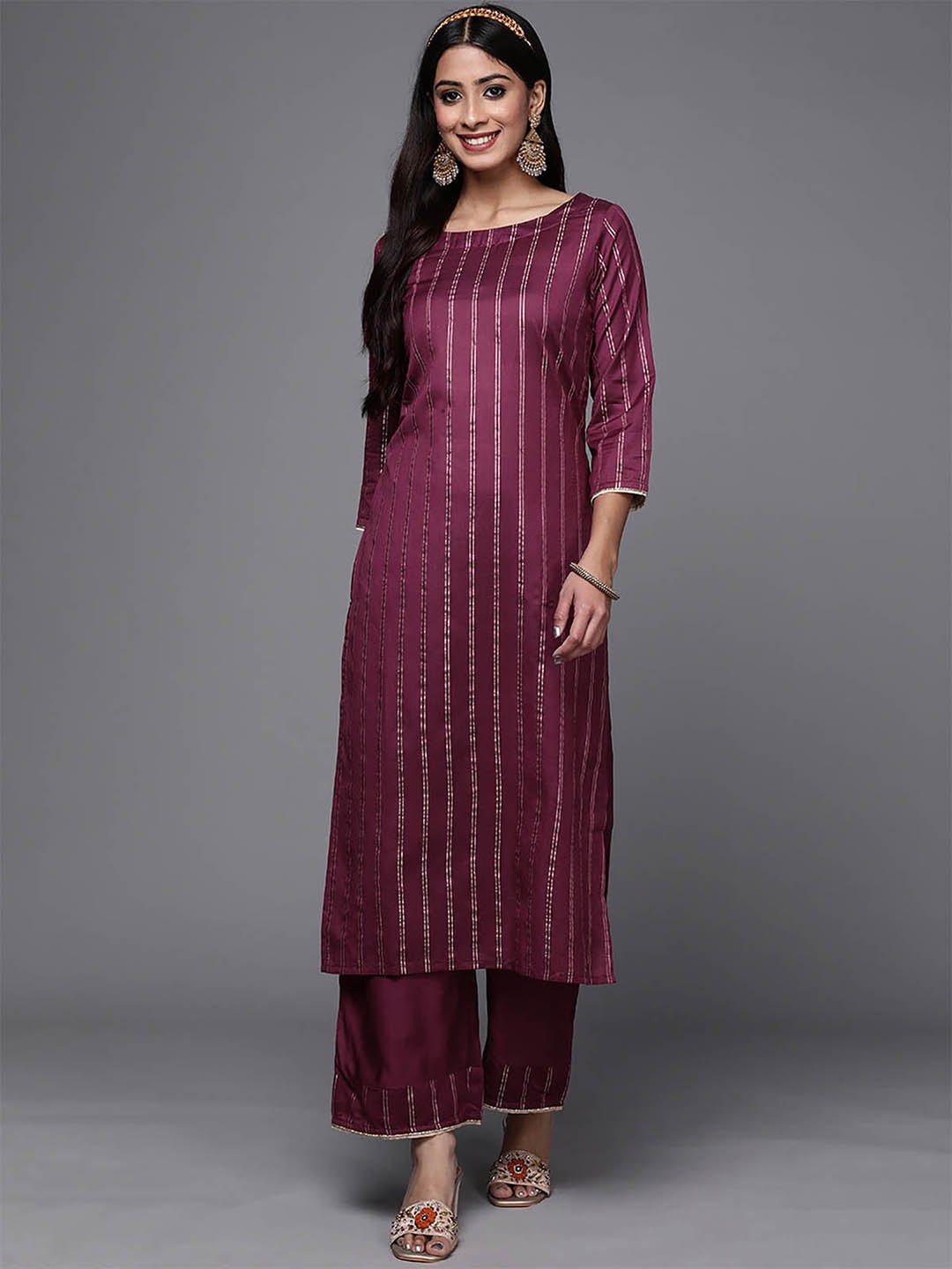 

ODETTE Women Violet Striped Gotta Patti Kurta With Palazzos