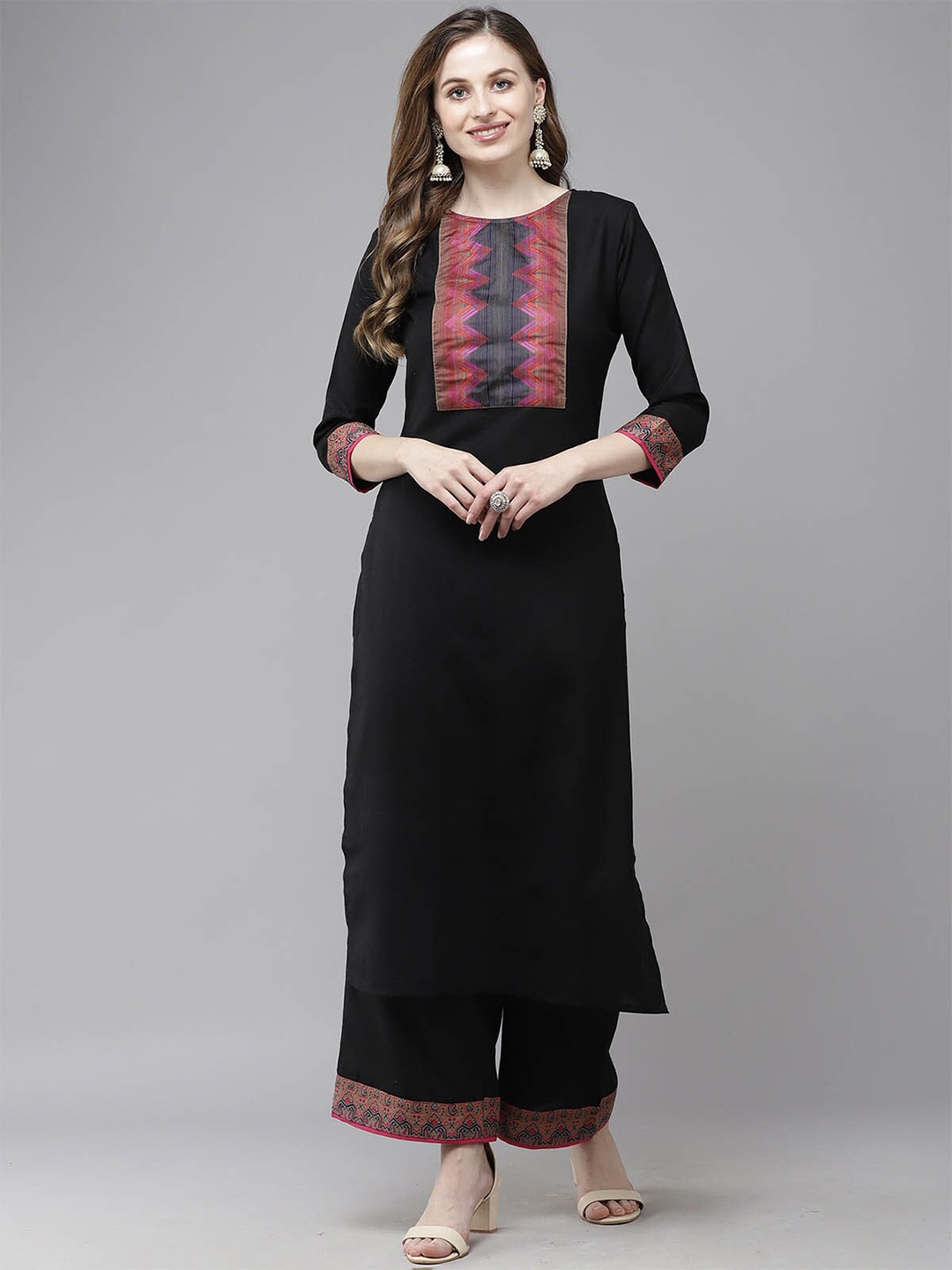 

ODETTE Women Black Pure Cotton Kurta With Palazzos
