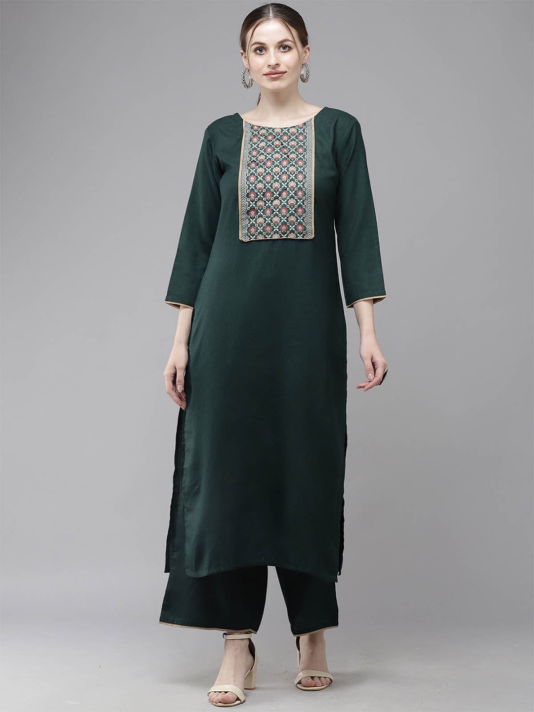 

ODETTE Women Green Floral Yoke Design Pure Cotton Kurta With Palazzos
