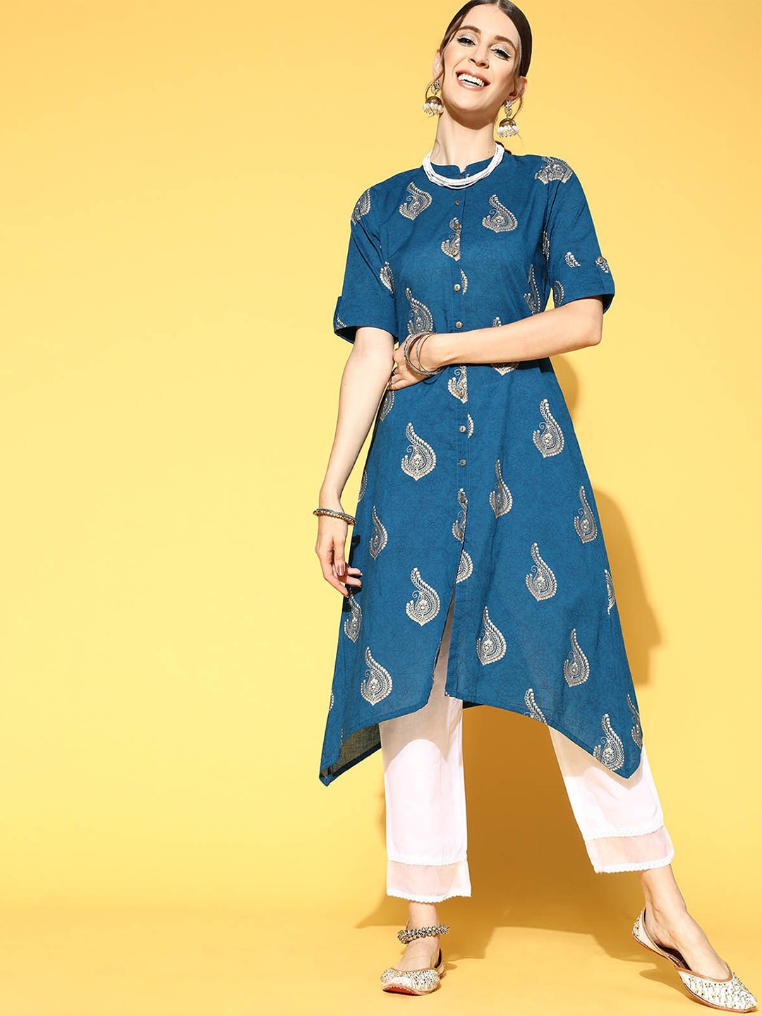 

ODETTE Women Teal Ethnic Motifs Printed Pure Cotton Kurta With Trousers