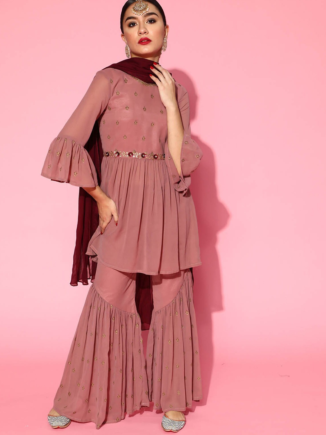 

ODETTE Women Brown Bell Sleeves Georgette Kurta With Sharara Set