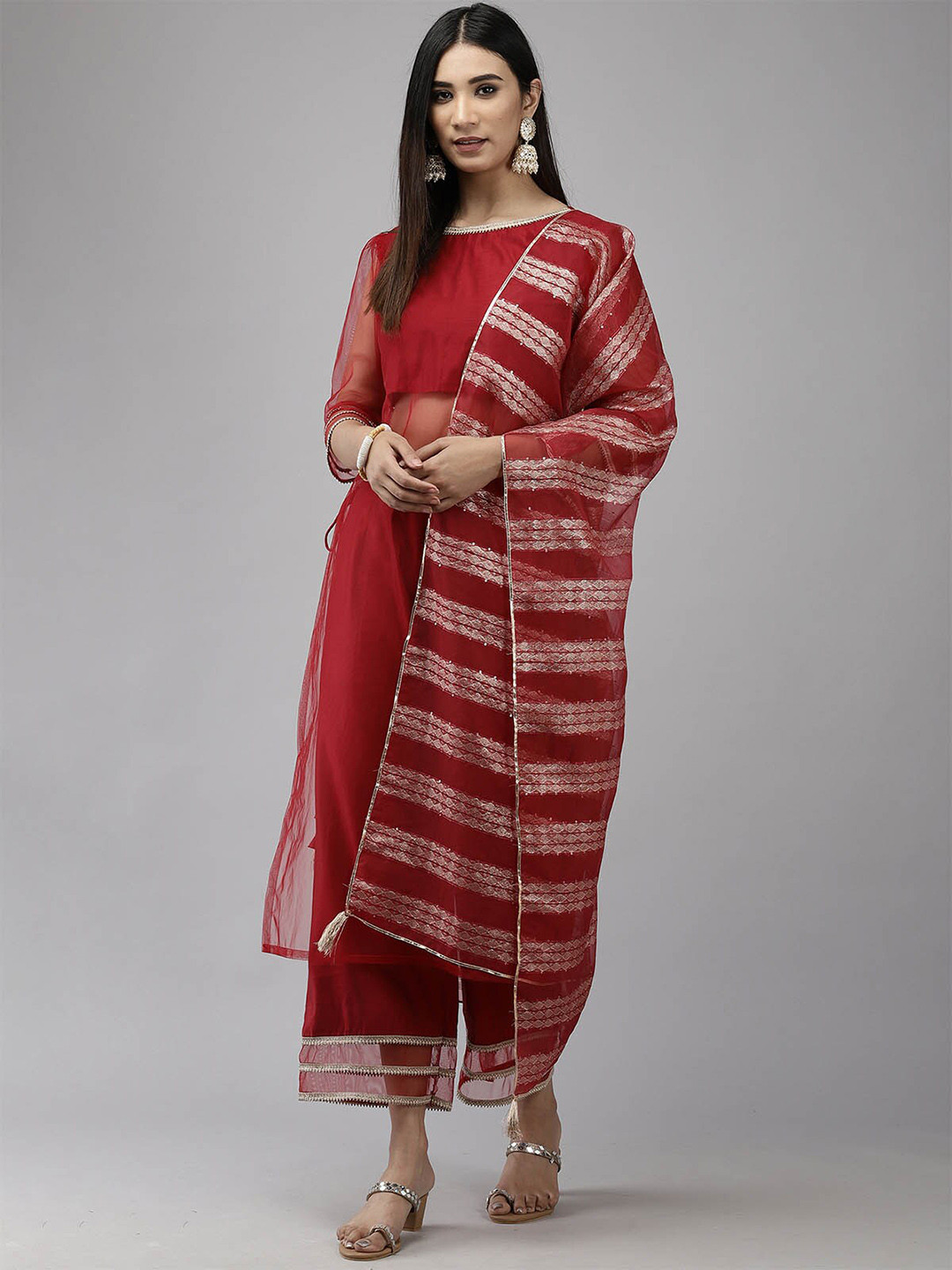 

ODETTE Women Red Gotta Patti Kurta With Palazzos & Dupatta