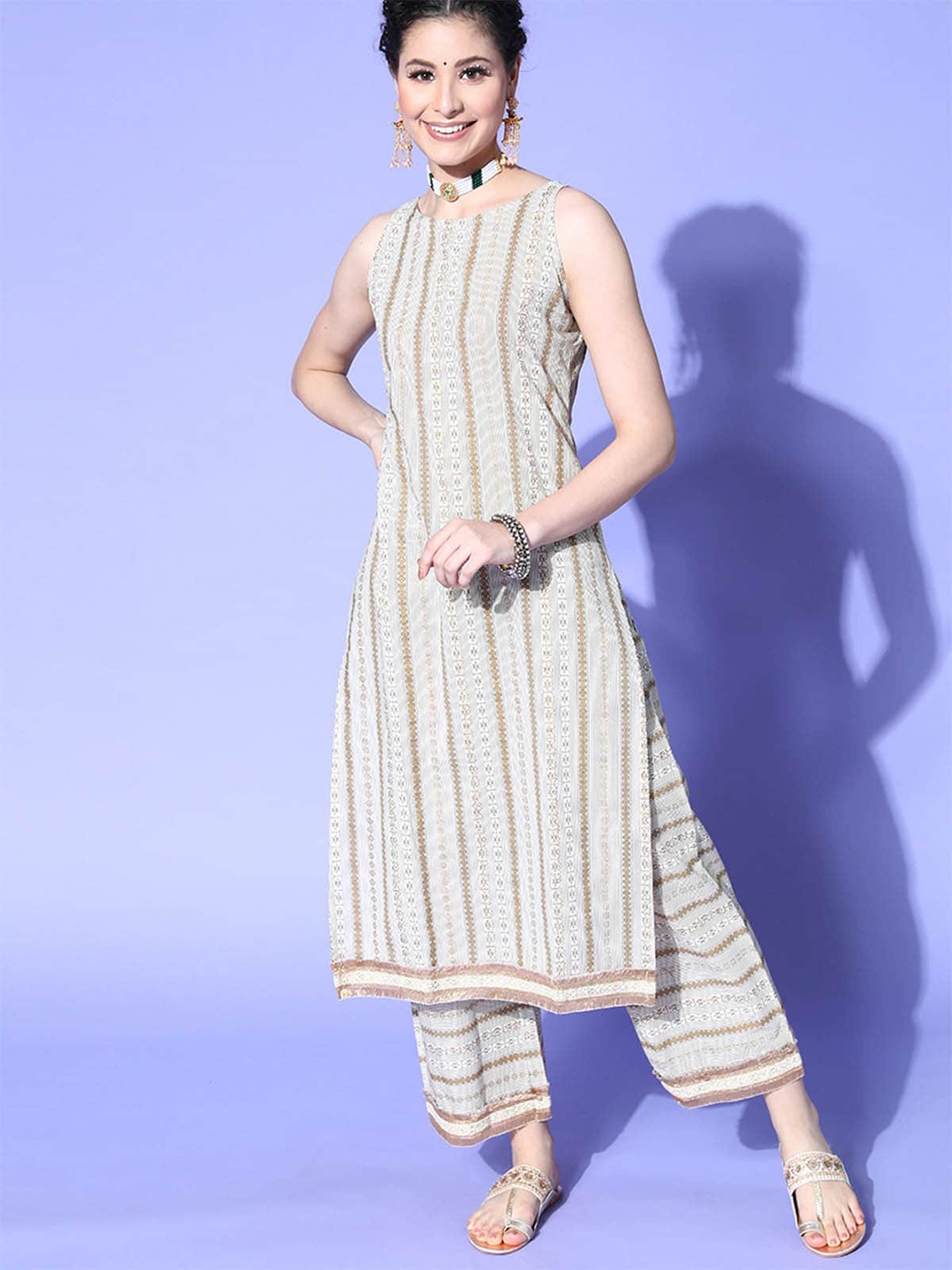 

ODETTE Women White Striped Cotton Kurta