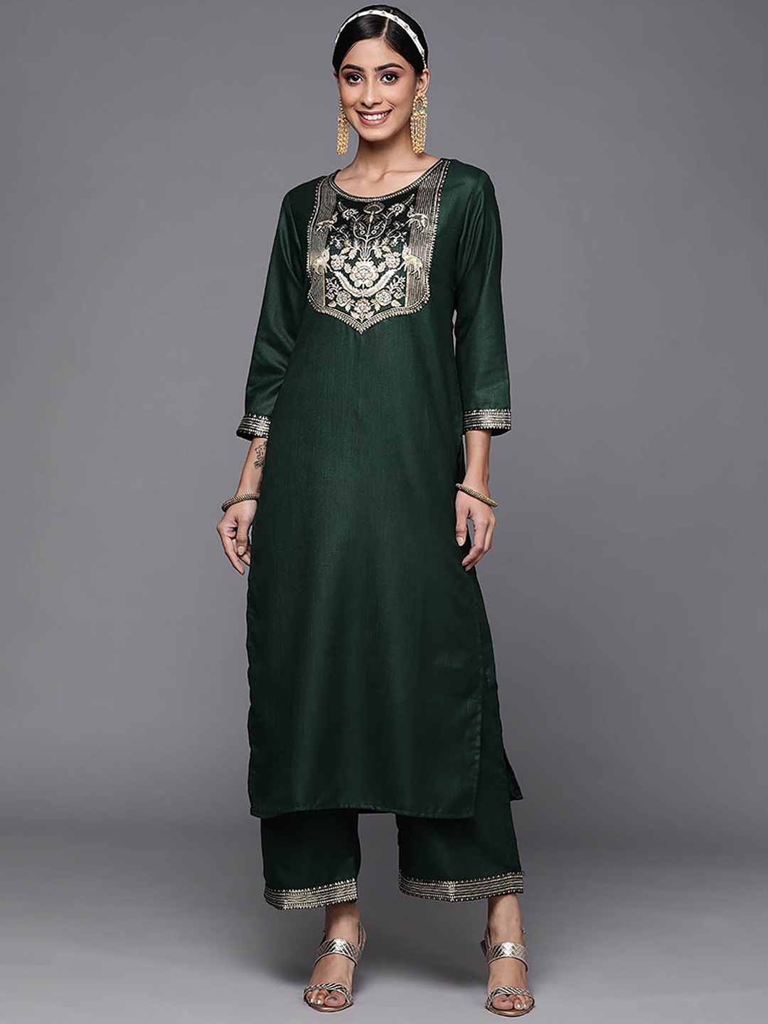 

ODETTE Women Green Floral Yoke Design Pure Cotton Kurta With Palazzos