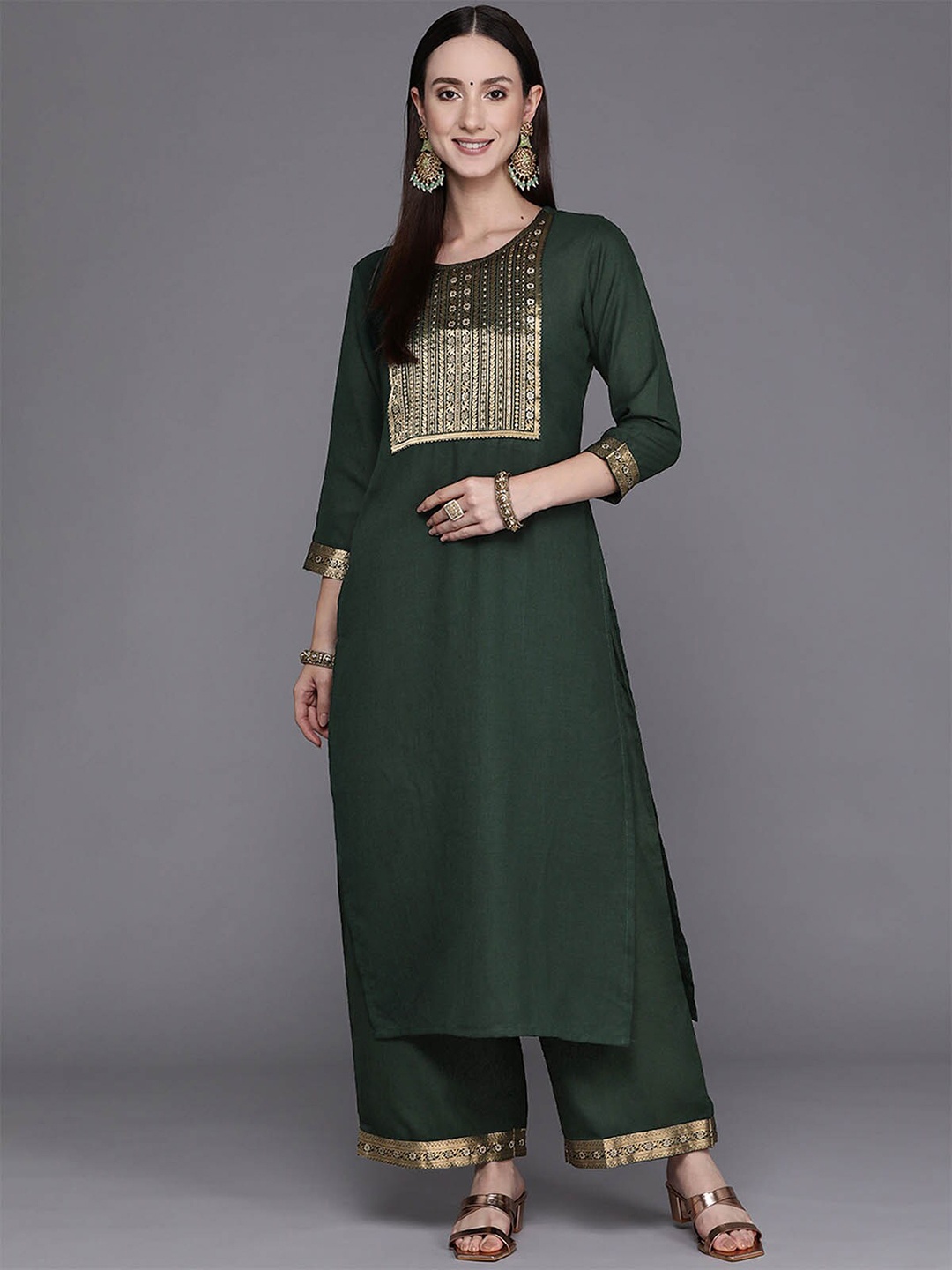 

ODETTE Women Green Floral Yoke Design Thread Work Pure Cotton Kurta With Palazzos