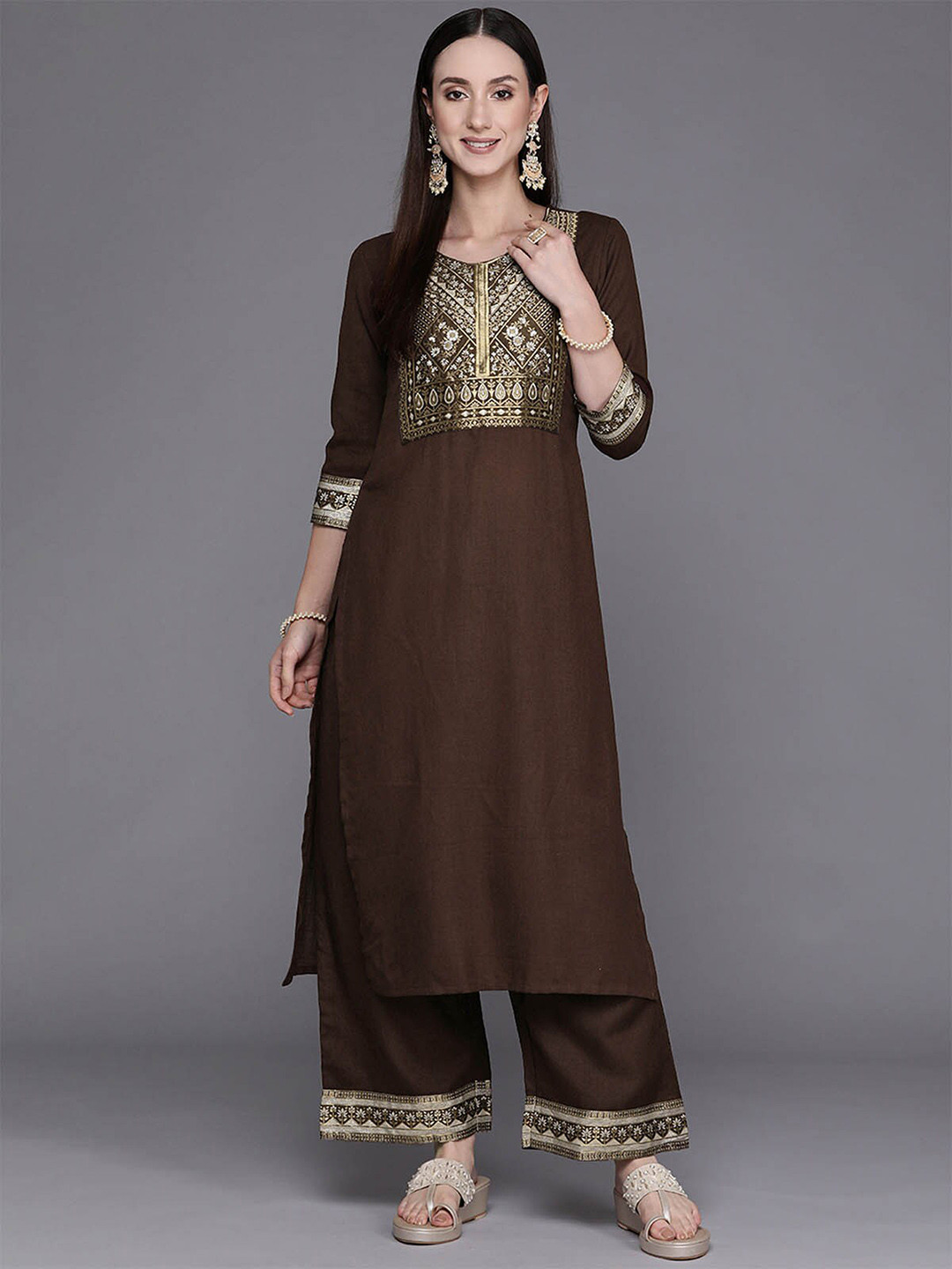 

ODETTE Women Brown Floral Yoke Design Pure Cotton Kurta With Palazzos