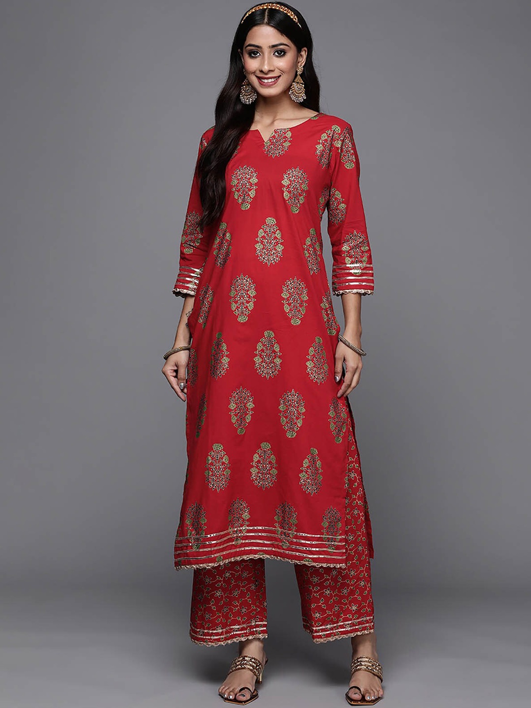 

ODETTE Women Red Floral Printed Gotta Patti Pure Cotton Kurta With Palazzos