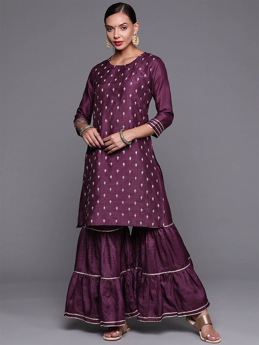 

ODETTE Women Violet Embroidered Sequinned Kurta With Sharara