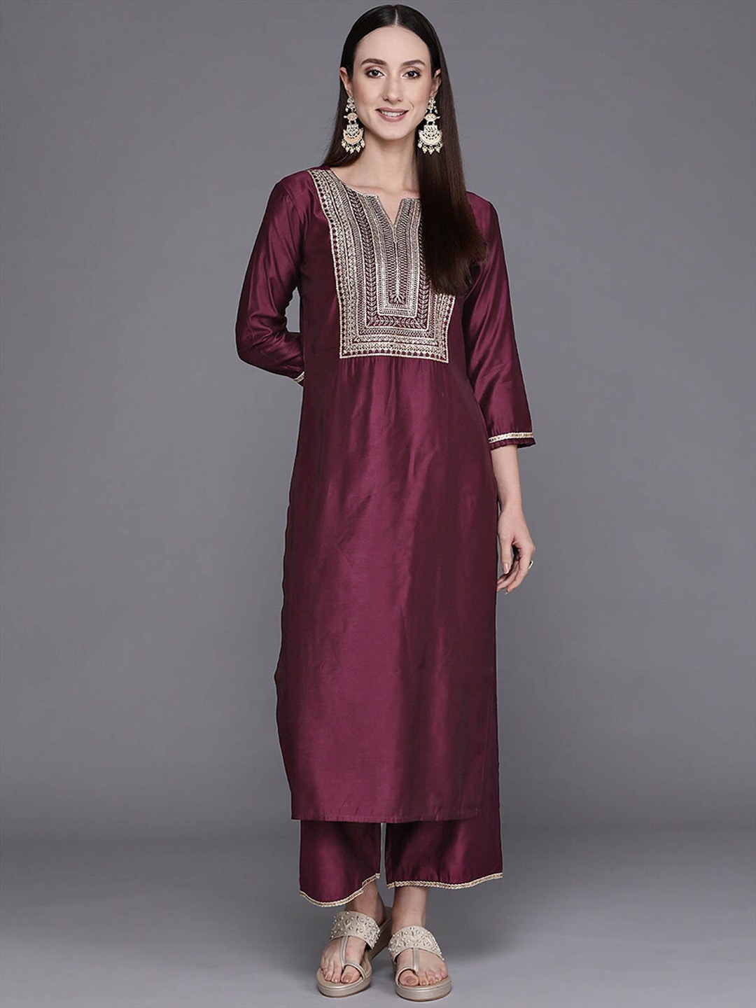 

ODETTE Women Burgundy Floral Yoke Design Kurta With Palazzos