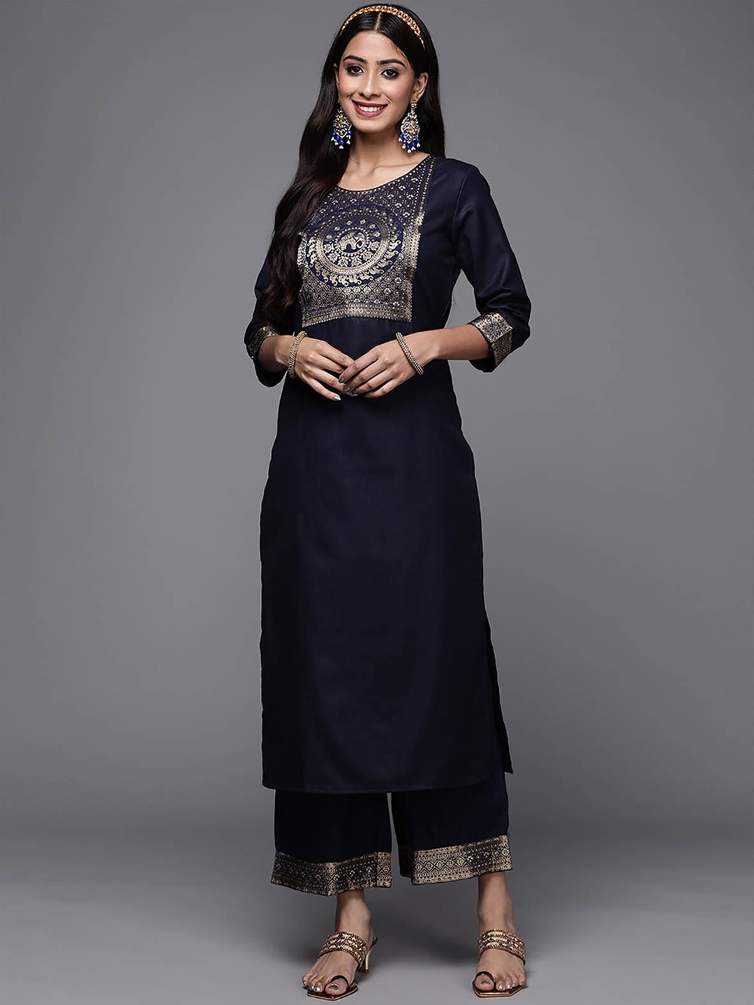

ODETTE Women Navy Blue Ethnic Motifs Yoke Design Pure Cotton Kurta With Palazzos
