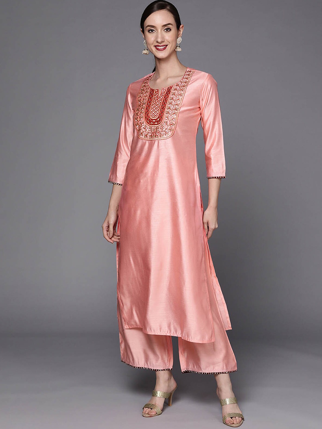 

ODETTE Women Peach Thread Work Kurta With Palazzo Set