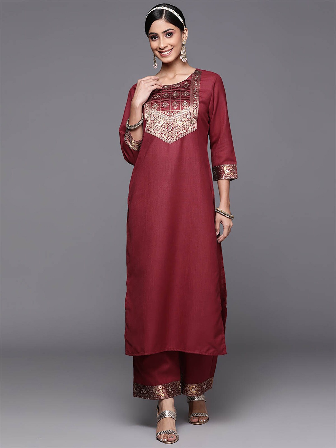 

ODETTE Women Maroon Yoke Design Keyhole Neck Flared Sleeves Kurta