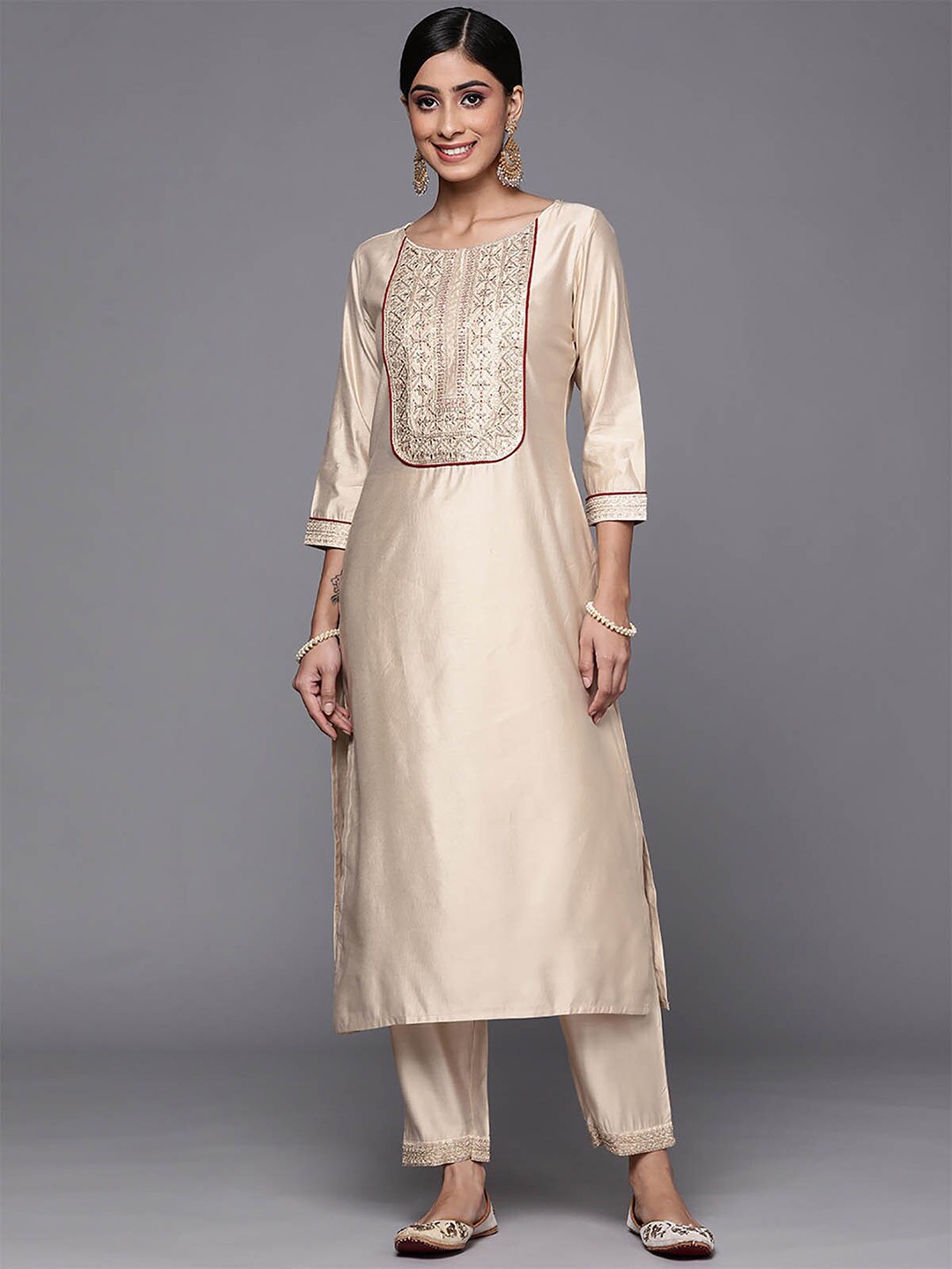 

ODETTE Women Off White Floral Yoke Design Kurta With Palazzos