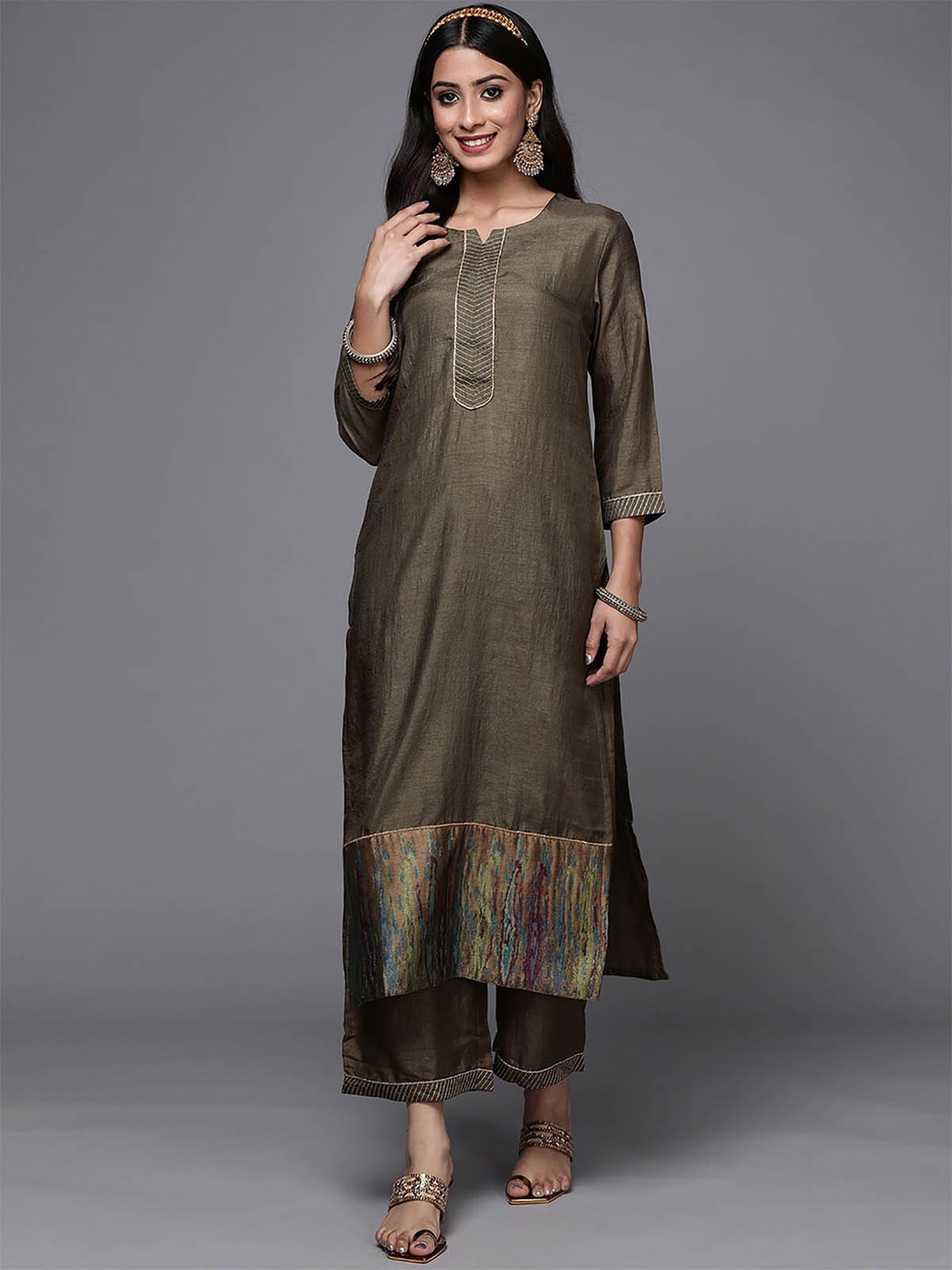 

ODETTE Women Olive Green Kurta With Palazzo Set