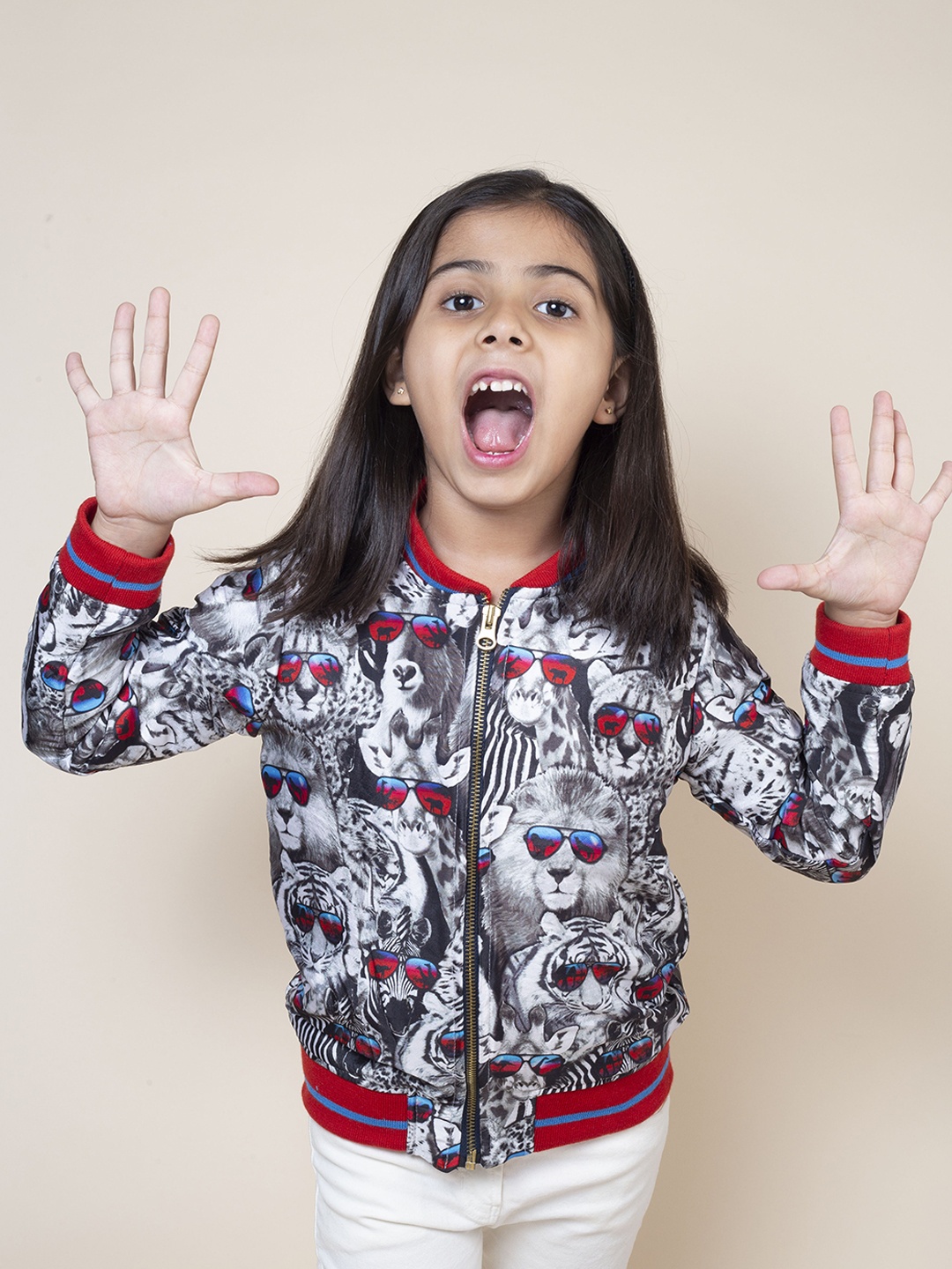 

Little Carrot Girls Grey & Red Animal Printed Bomber Jacket