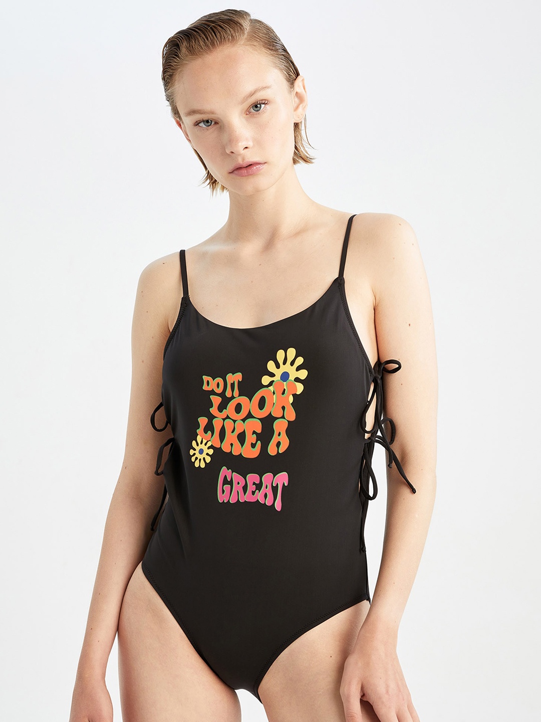 

DeFacto Women Black Typography Printed Swim Bodysuit