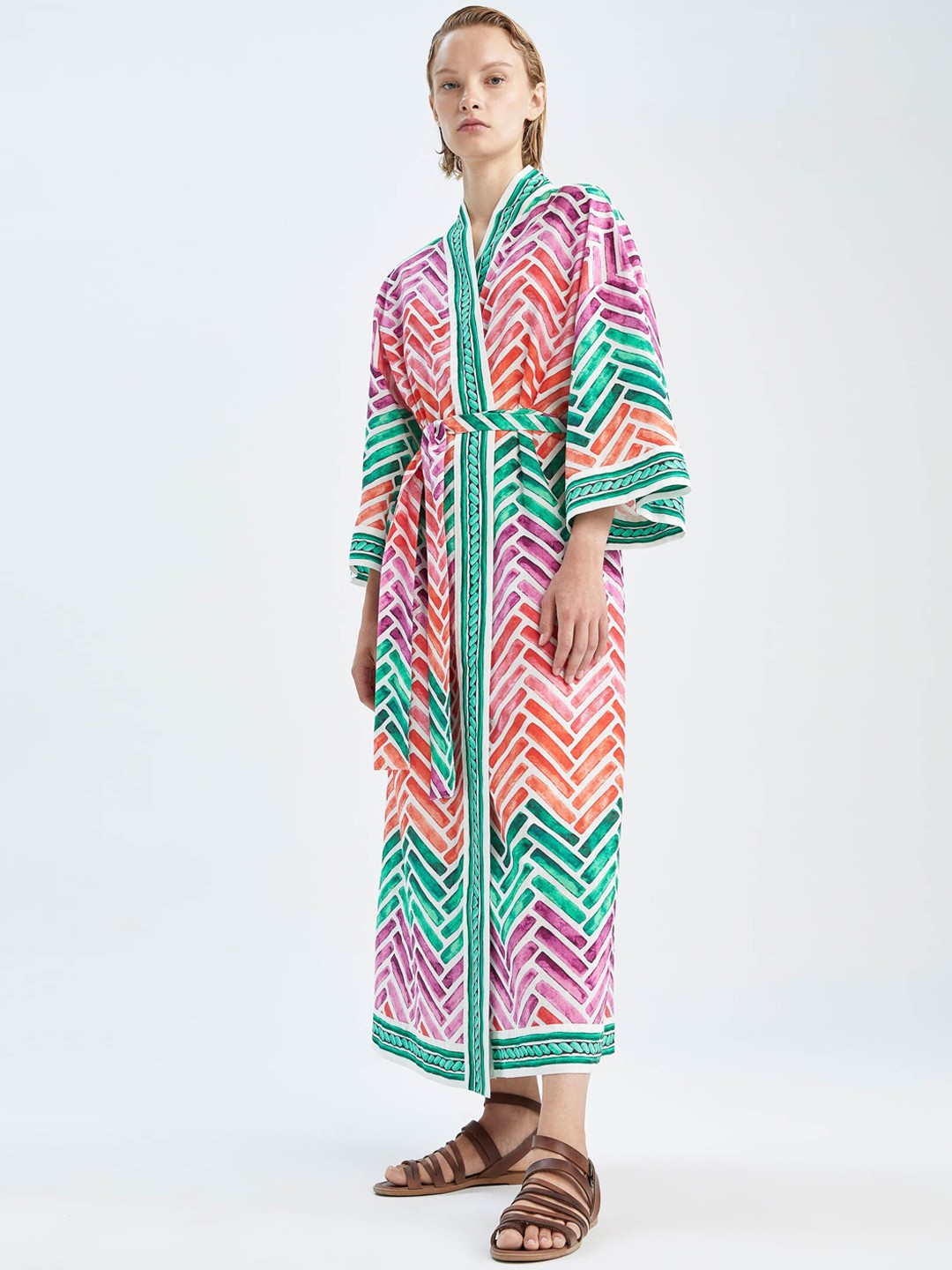 

DeFacto Women Green & Pink Stripes Cotton Wrap Style Cover-up Swimwear Shrug