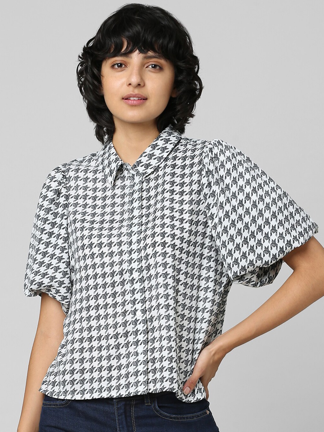 

ONLY Women Black & White Gingham Checks Casual Shirt
