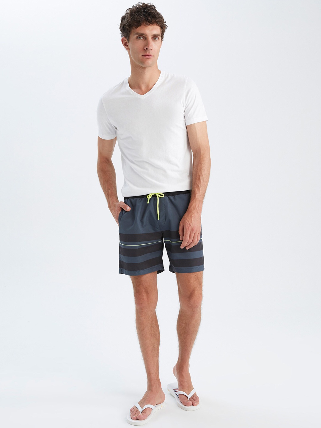 

DeFacto Men Blue & Black Striped Mid-Rise Swim Shorts