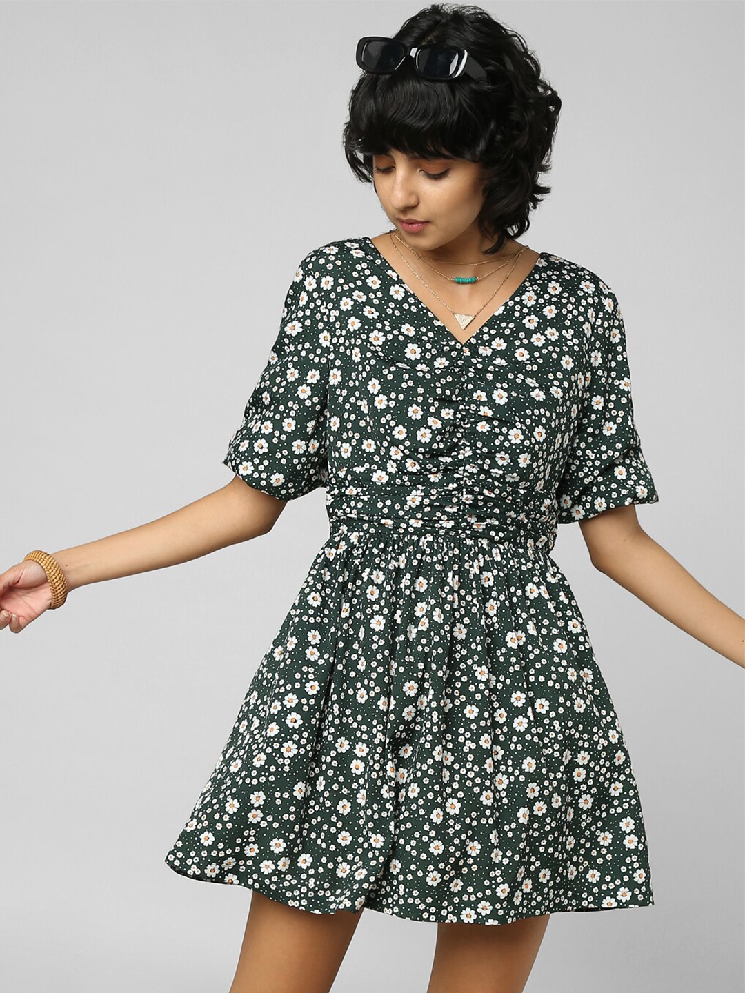 

ONLY Green & White Floral Print Mini V-Neck Dress