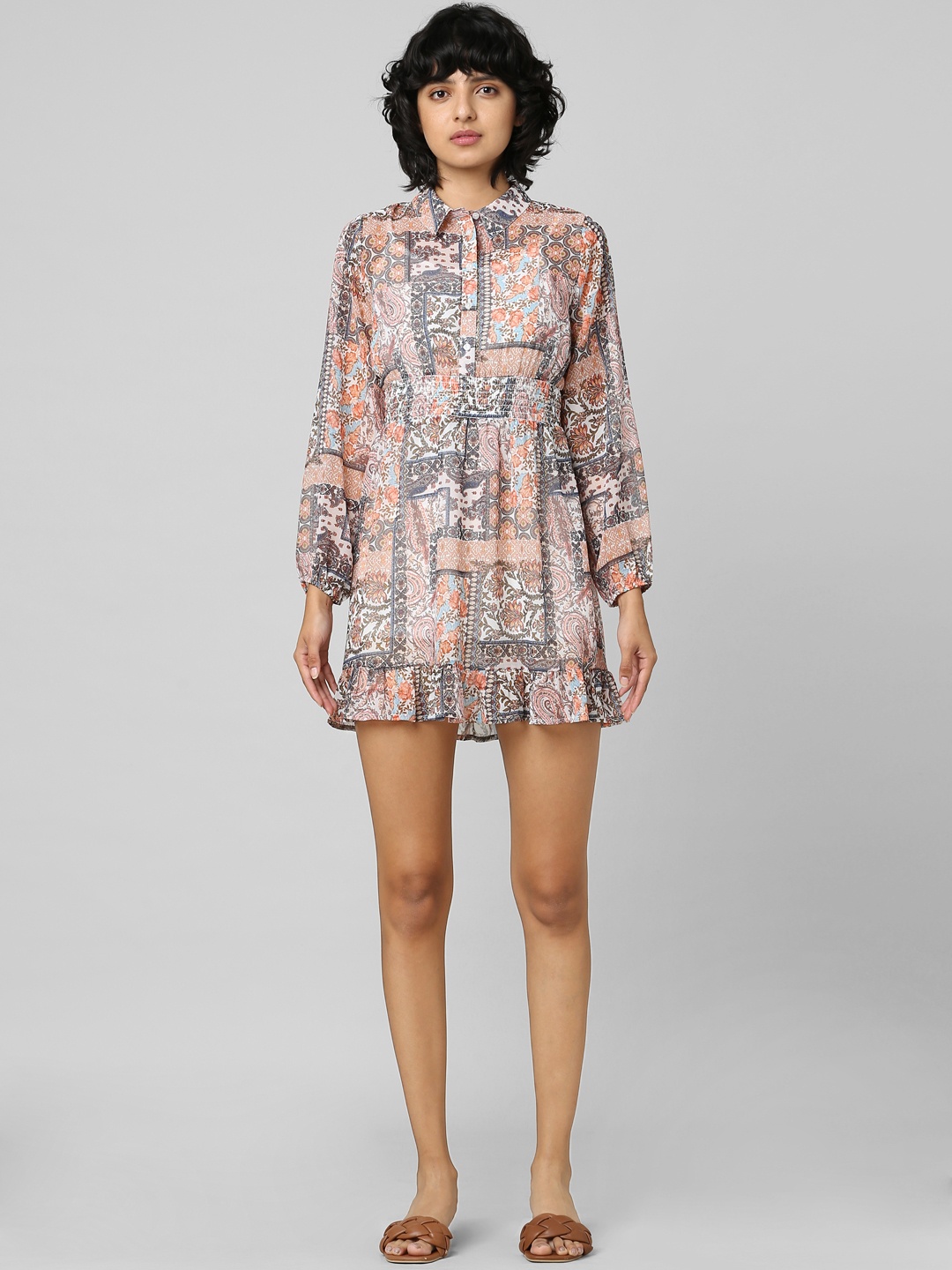 

ONLY Pink Ethnic Motifs Printed Collar Mini Shirt Dress