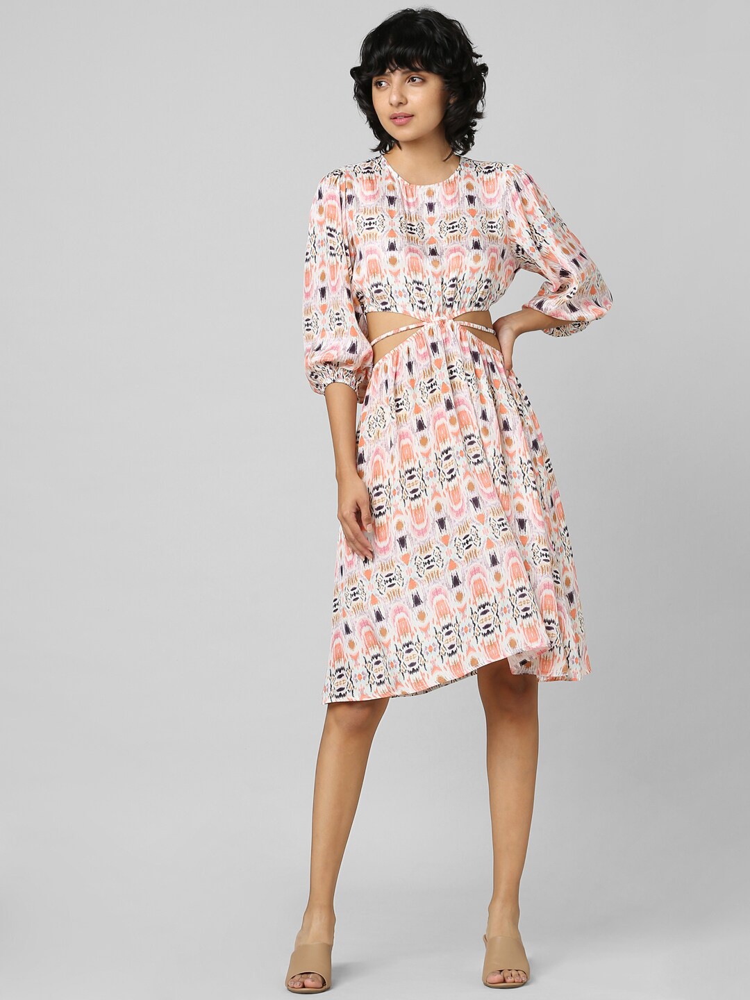 

ONLY Floral Printed Three-Quarter Sleeves Fit and Flare Dress, Pink