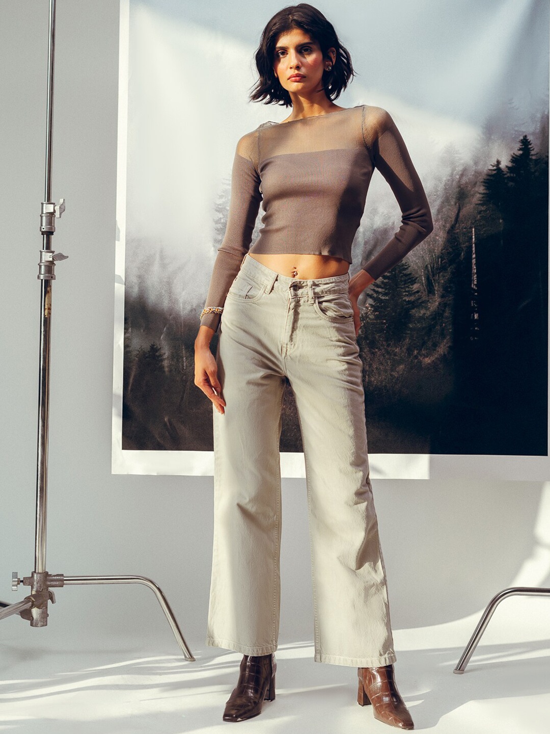 

FREAKINS Women Grey Wide Leg High-Rise Pure Cotton Jeans