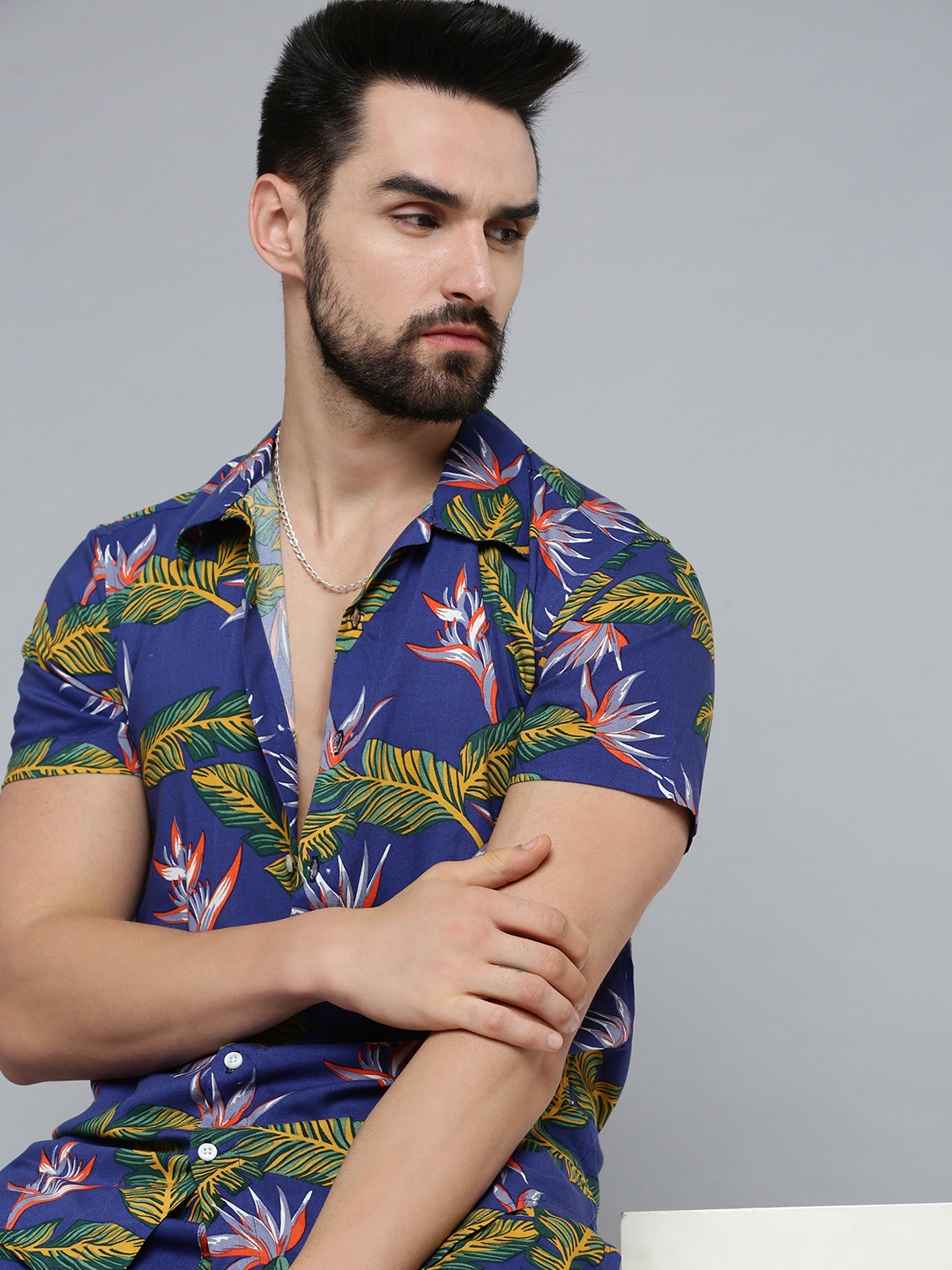 

SHOWOFF Men Blue & Green Tropical-Printed Shirt with Shorts Co-Ords