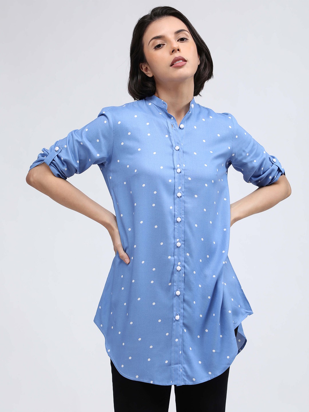 

IDK Blue Geometric Print Roll-Up Sleeves Shirt Style Top