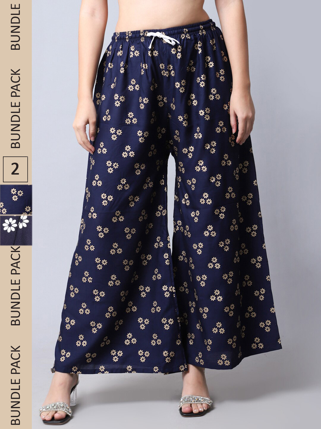 

GRACIT Women Navy Blue & White Pack of 2 Floral Printed Flared Palazzos