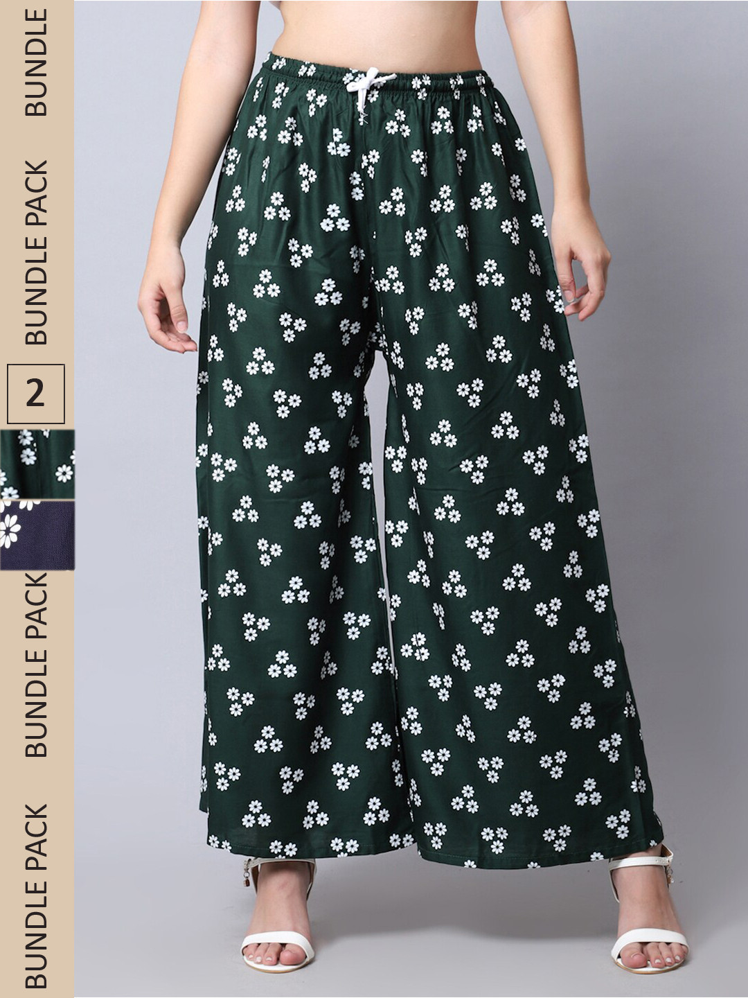 

GRACIT Women Green & Navy Blue Pack of 2 Floral Printed Flared Palazzos