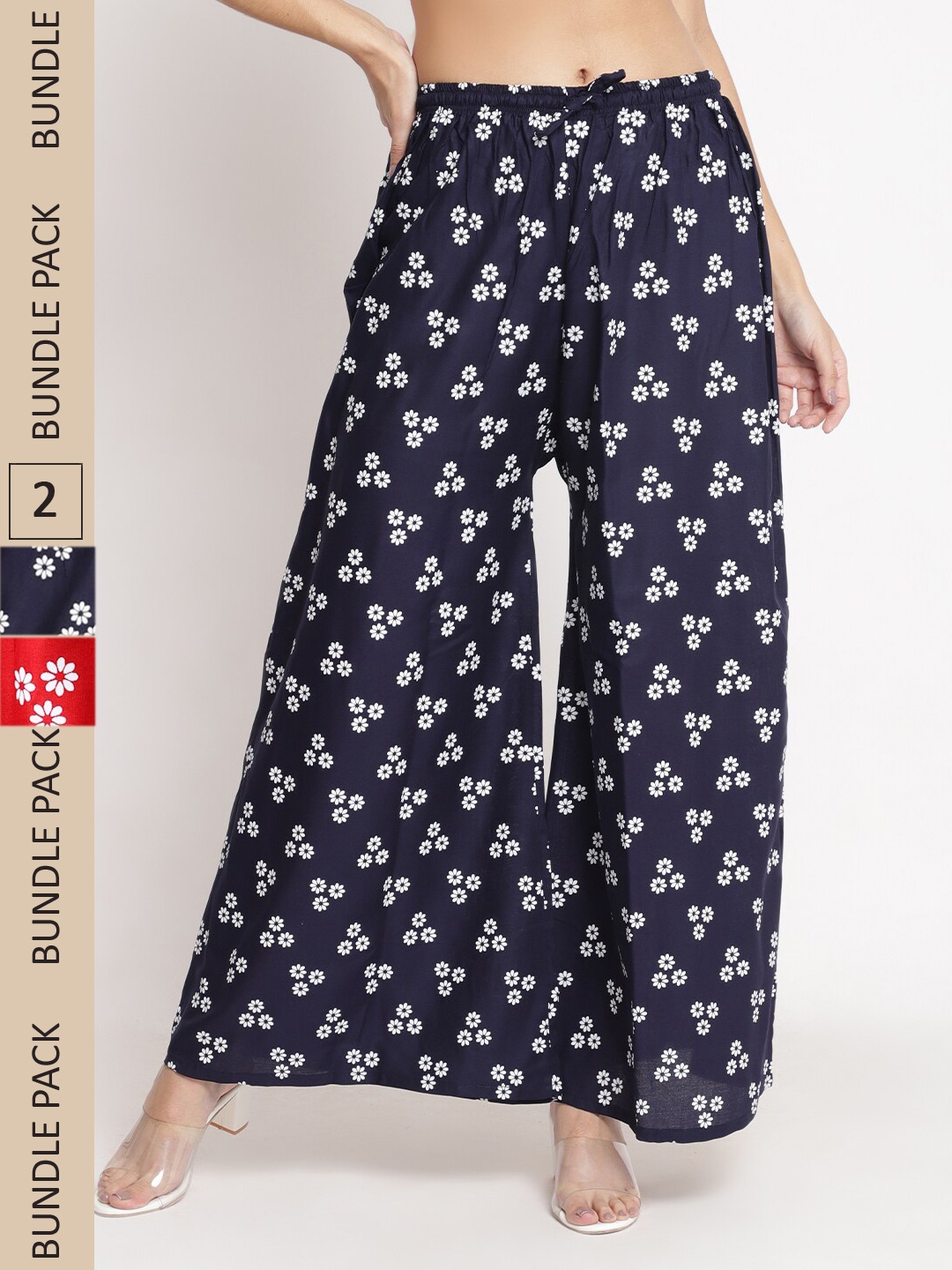 

GRACIT Women Navy Blue & Red Pack of 2 Floral Printed Flared Palazzos