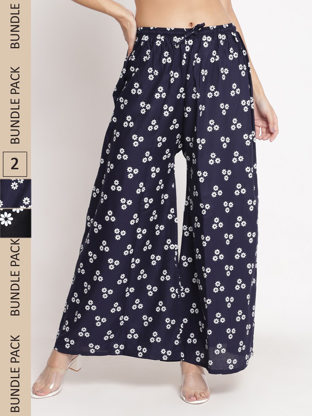 

GRACIT Women Navy Blue & Black Pack of 2 Floral Printed Flared Palazzos