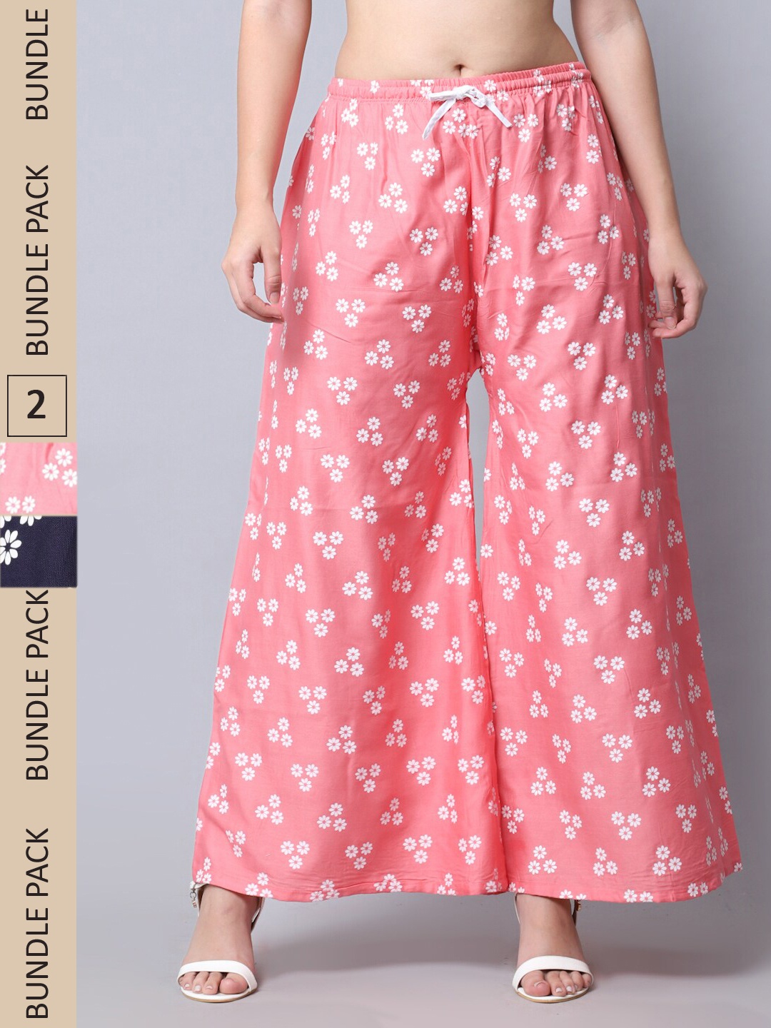 

GRACIT Women Pack of 2 Pink & Navy Blue Floral Printed Flared Ethnic Palazzos