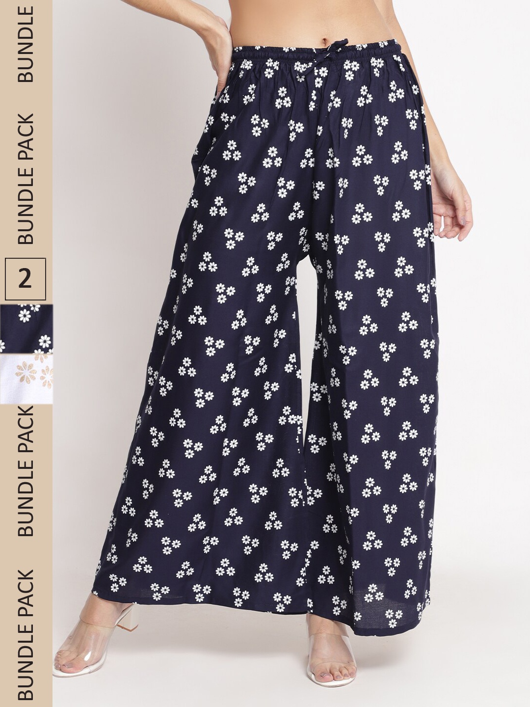 

GRACIT Women Pack of 2 Navy Blue & White Floral Printed Flared Ethnic Palazzos
