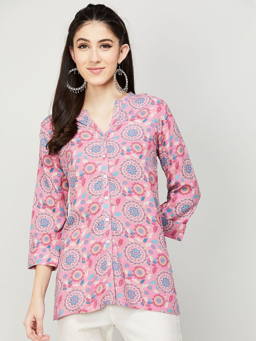 

Melange by Lifestyle Peach-Coloured Floral Print Mandarin Collar Shirt Style Longline Top