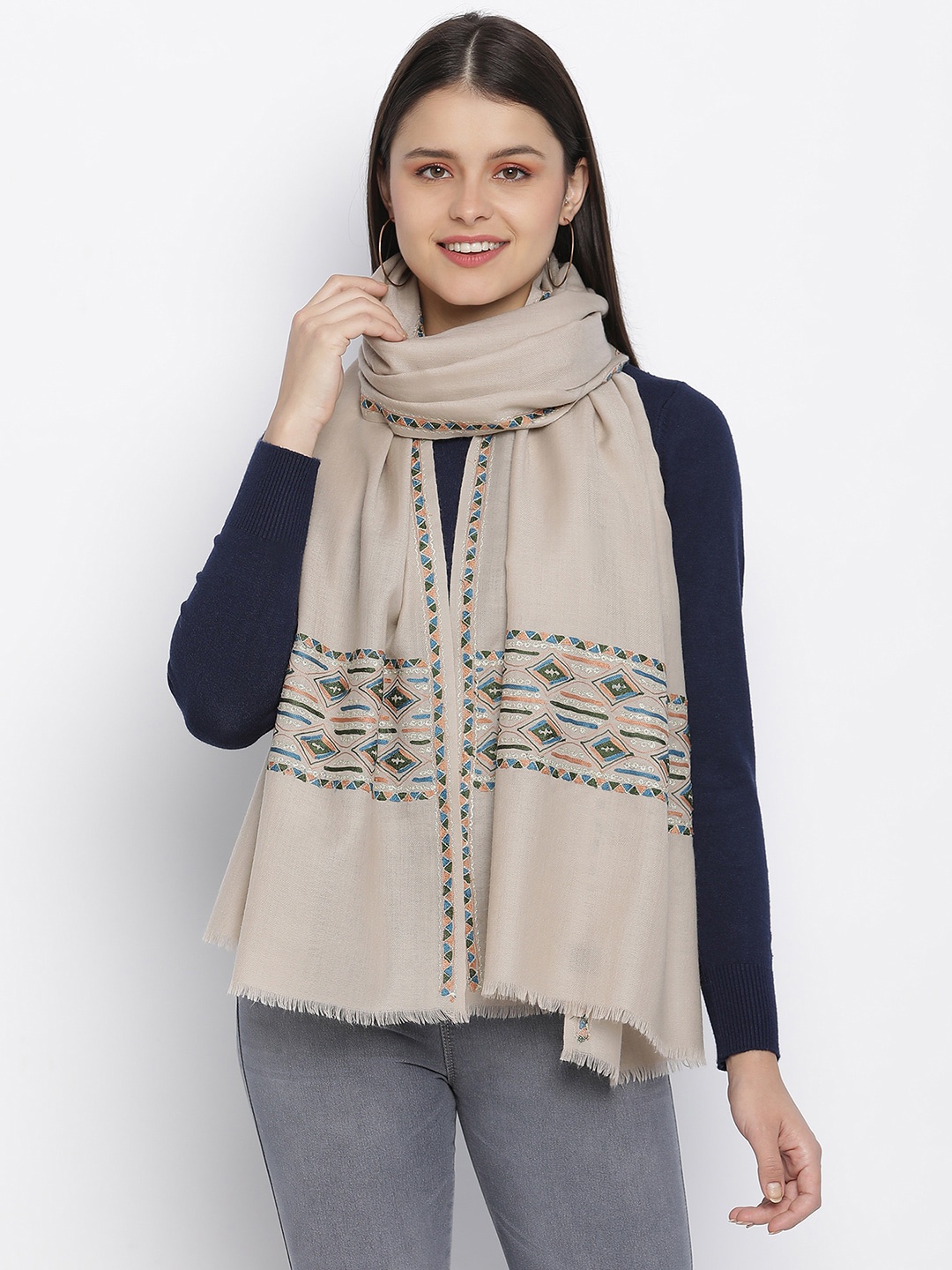 

SHINGORA Women Beige & Blue Woolen Embroidered Stole