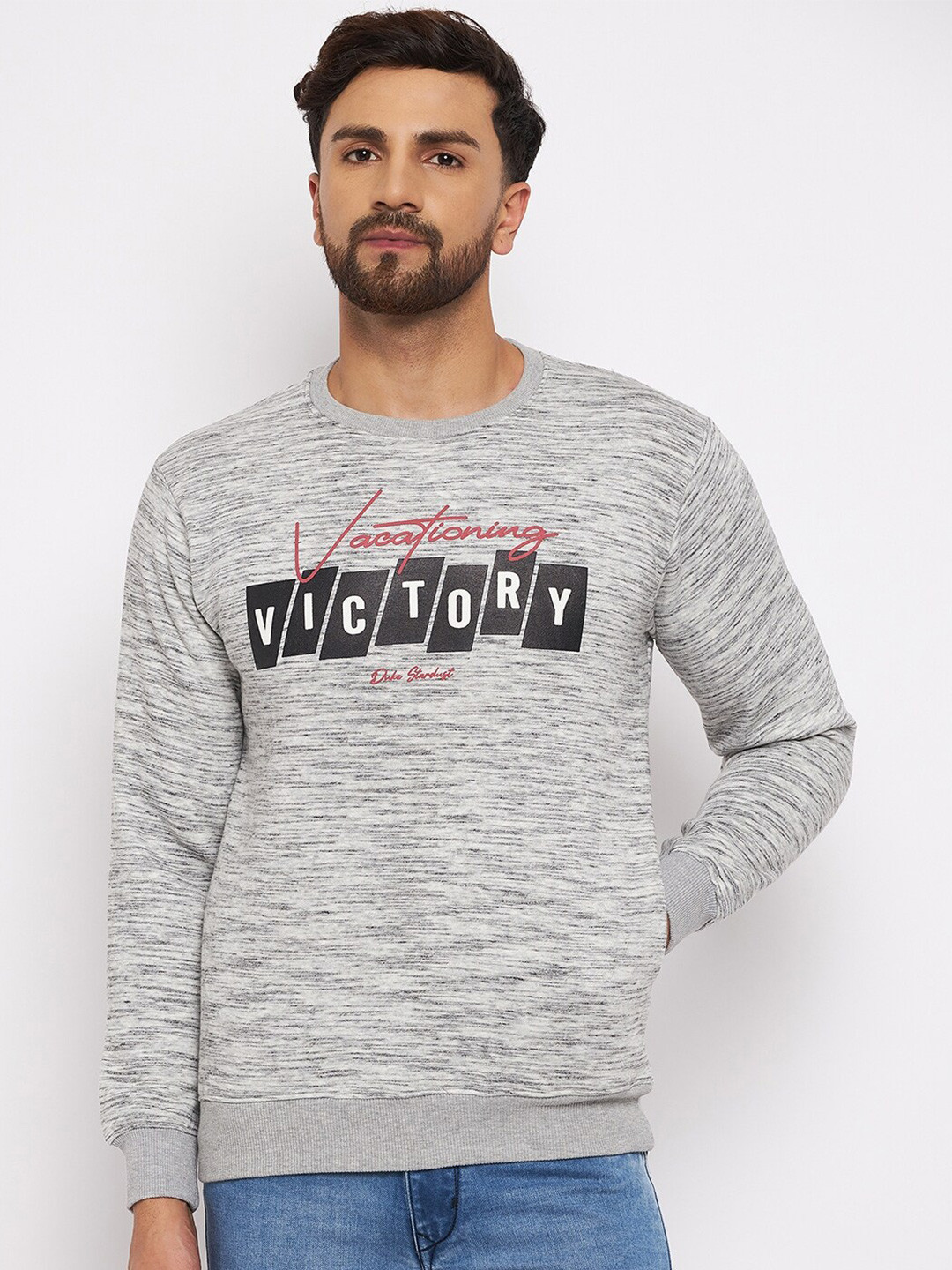 

Duke Men Grey Printed Fleece Sweatshirt