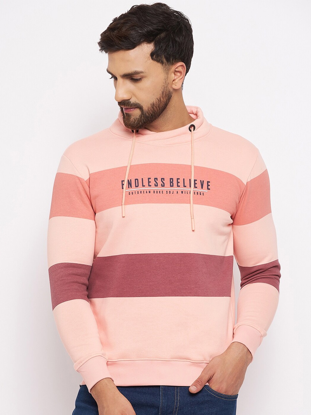 

Duke Men Peach-Coloured Striped Fleece Sweatshirt