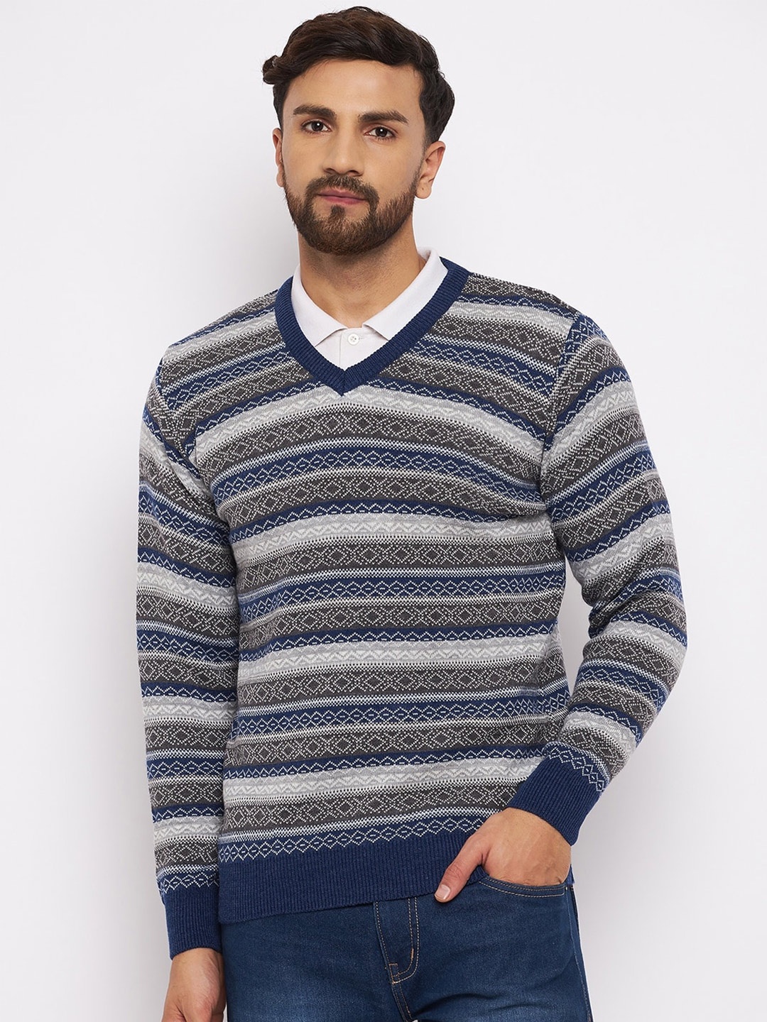 

Duke Men Blue & Grey Printed Acrylic Pullover