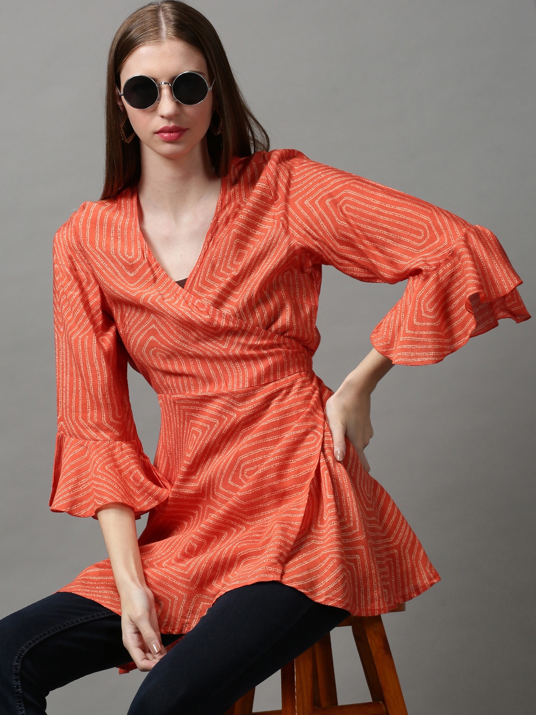 

SHOWOFF Orange & White Geometric Print Wrap Longline Top