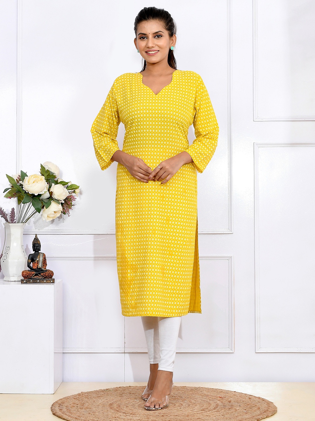 

Kesarya Geometric Printed Pure Cotton Kurta, Yellow