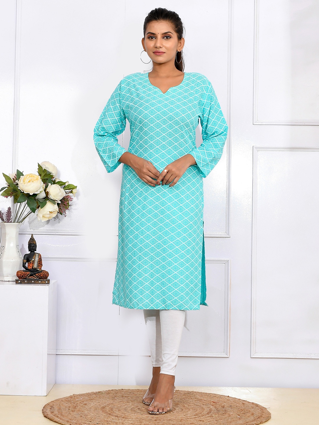 

Kesarya Women Turquoise Blue & White Geometric Printed Pure Cotton Kurta