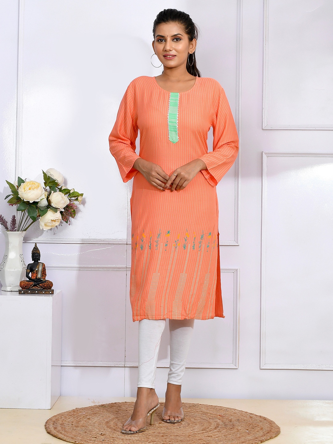 

Kesarya Printed Striped Gotta Patti Straight Pure Cotton Kurta, Orange