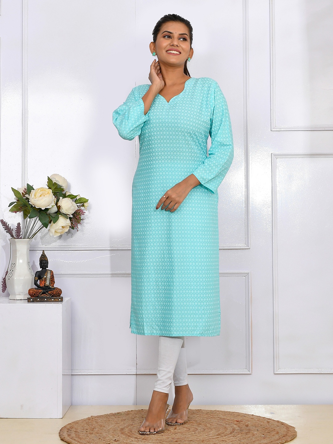 

Kesarya Floral Printed Pure Cotton Kurta, Turquoise blue