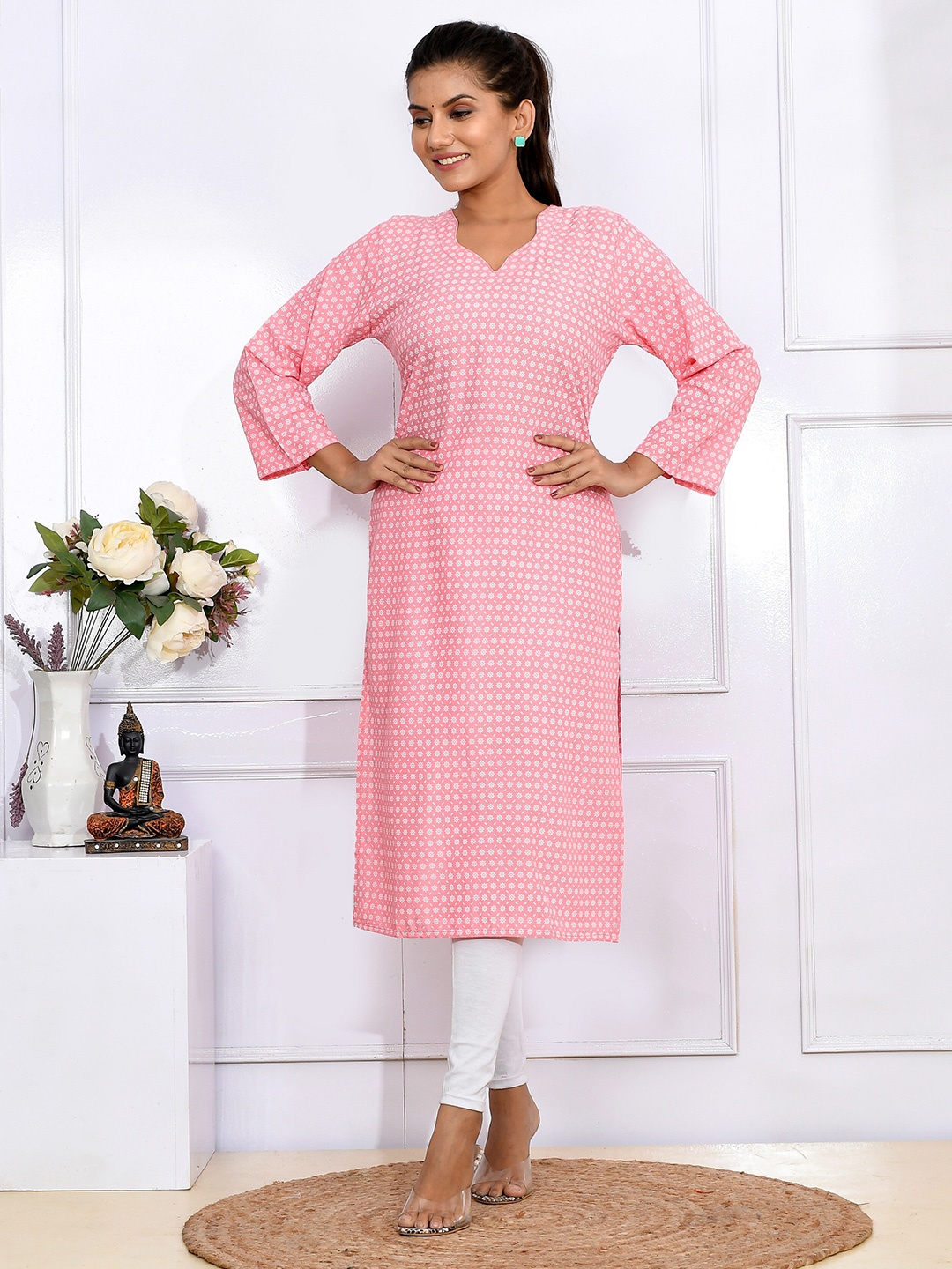 

Kesarya Pink & White Floral Printed Cotton Kurta