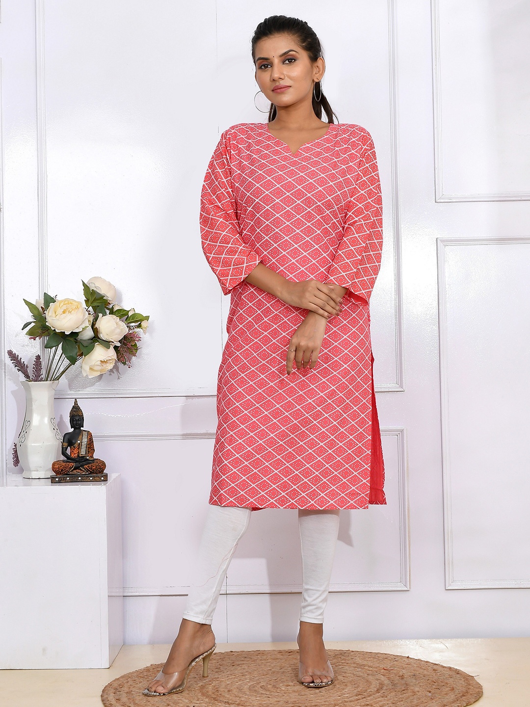 

Kesarya Geometric Printed Straight Regular Cotton Kurta, Red